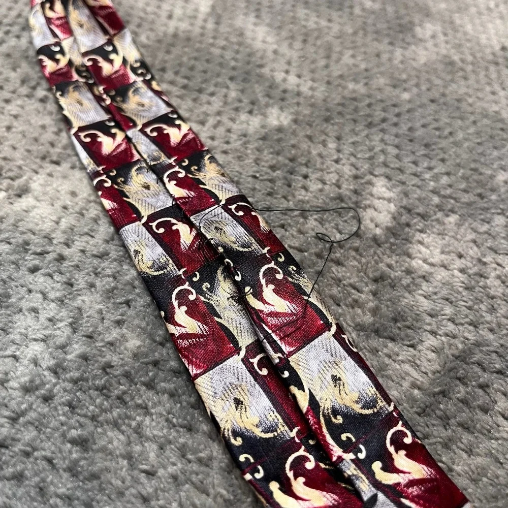 Pierre Cardin Mens Silk Tie Burgundy Silver Gold Geometric Scroll Pattern Wide